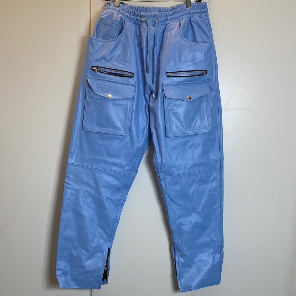 Men's Light Blue 100% Leather Cargo Pants
